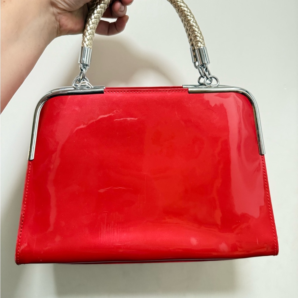 Red and Tan Shoulder Bag with Glossy Finish and Braided Handle